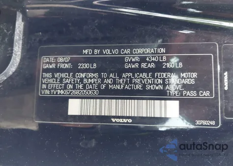 2008 Volvo C30 T5 R-Design/T5 Version 1.0/T5 Version 2.0 z USA, uszkodzony, nr VIN YV1MK672682050630